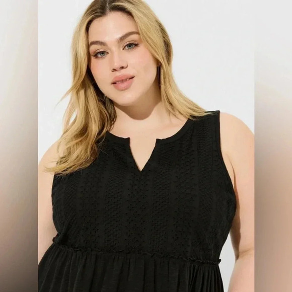 ☘️ New Torrid Vintage Slub Notch Neck Lace Babydoll Top, Size 0 (12), Deep Black - Picture 2 of 9